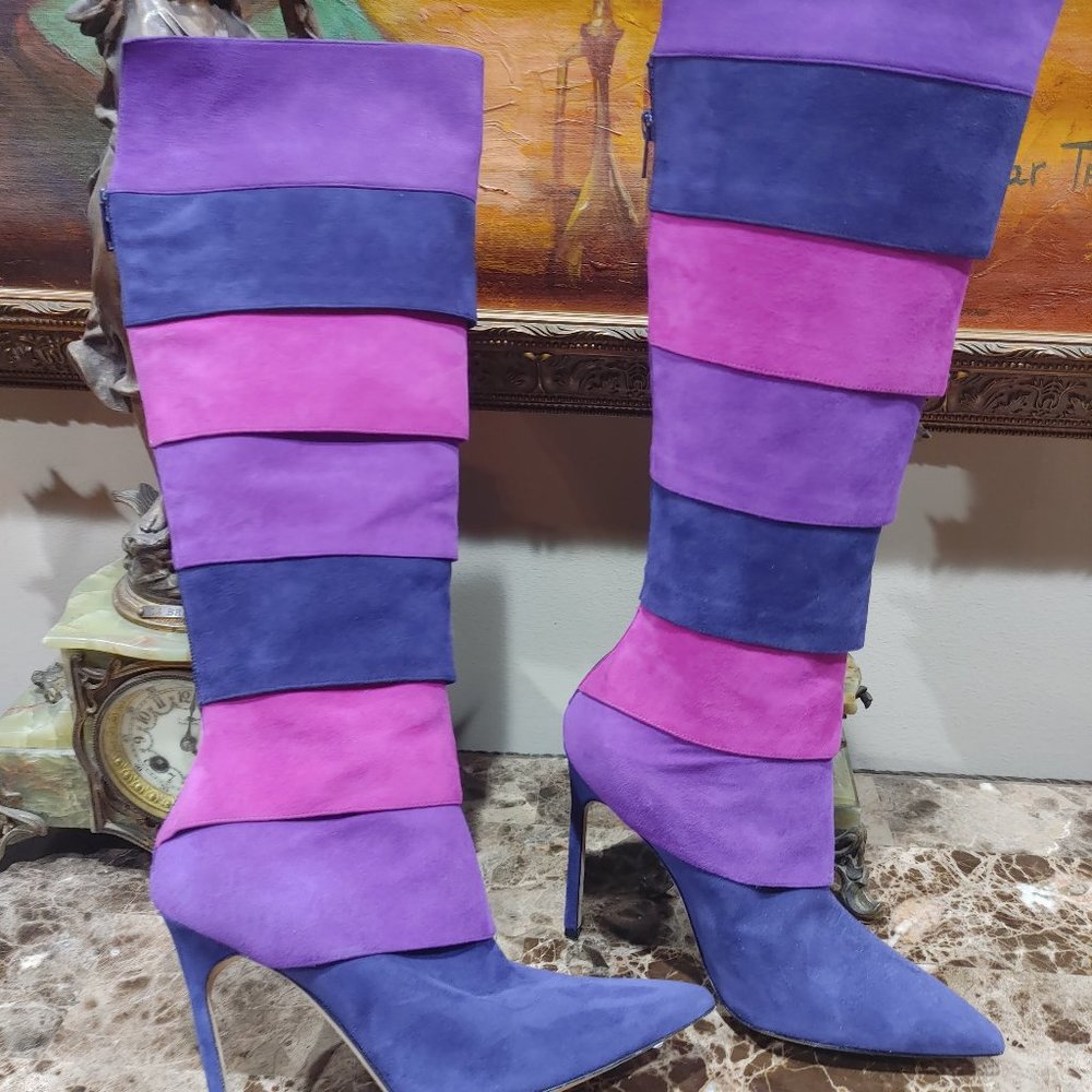 Brand New Manolo Blahnik Tall Boots Color Block Leather Suede Italy Size 7